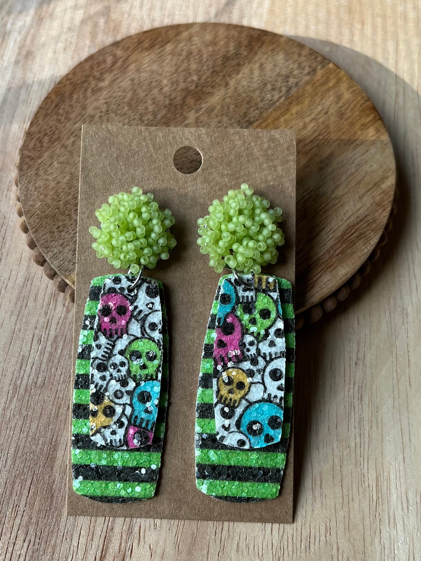 Kiwi Skull & Stripe Dangle Earrings