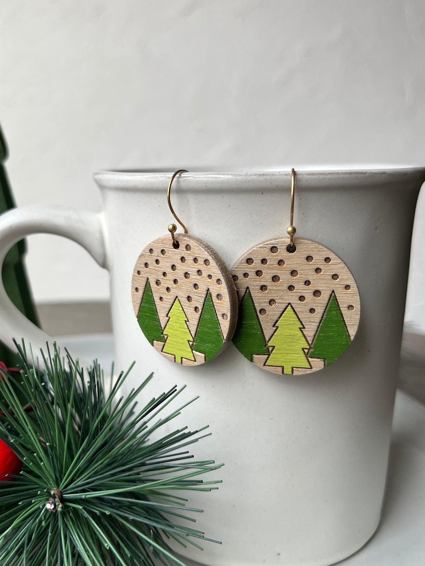 Tri Tree Round Engraved Earrings