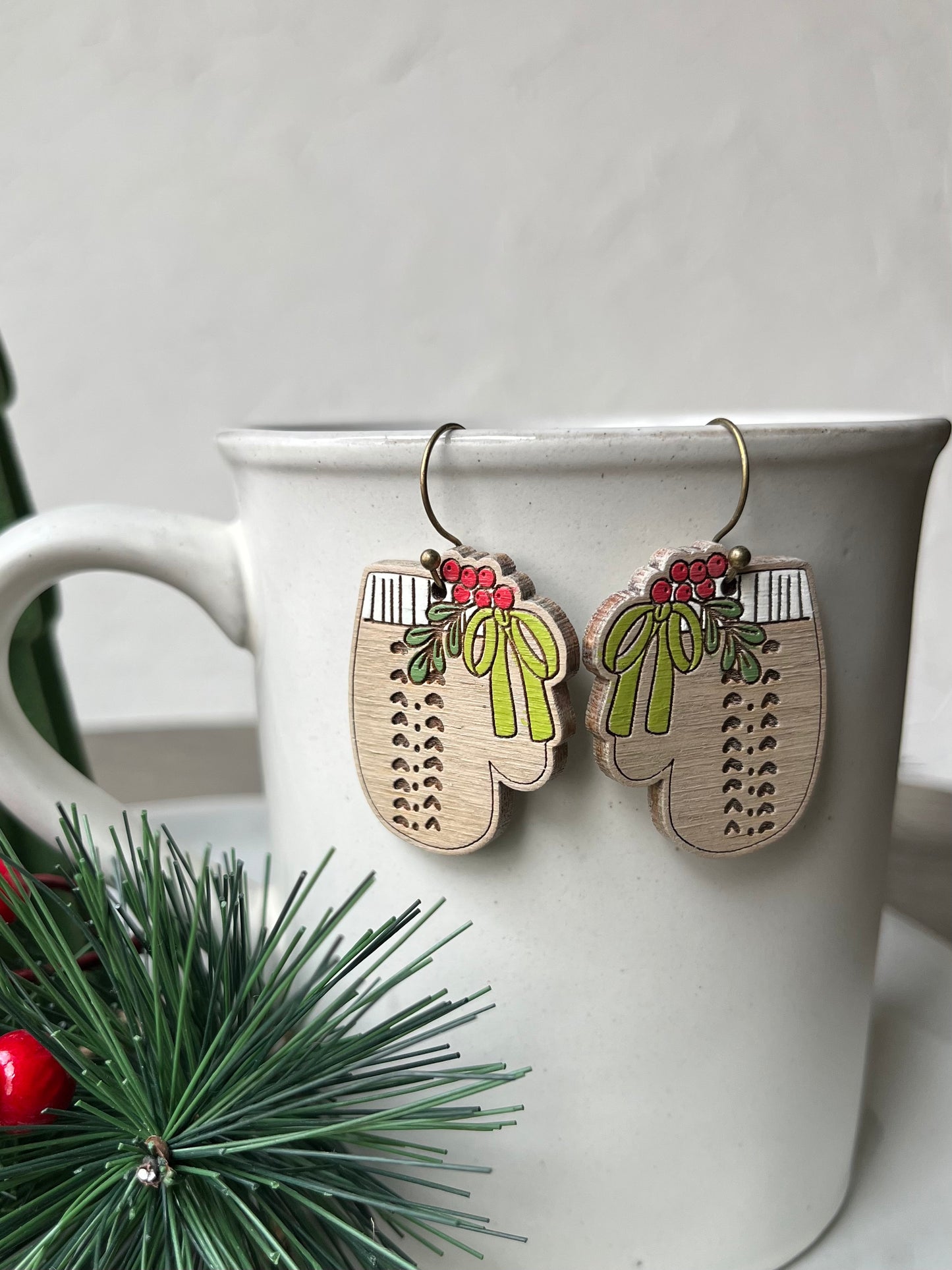 Engraved Holly Mitten Earrings