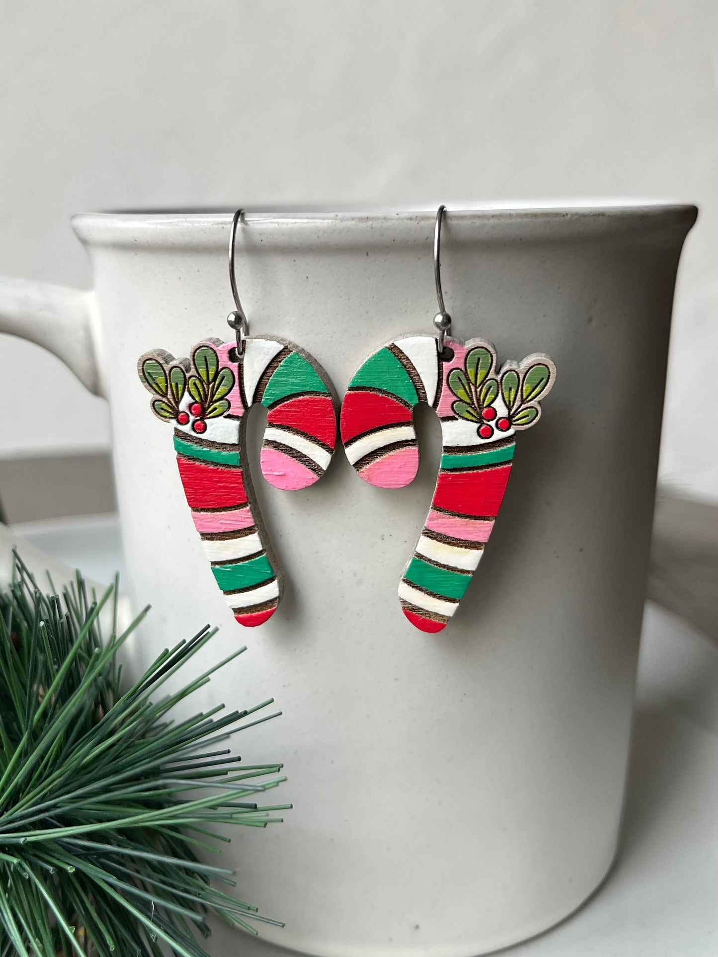 Candy Cane with Holly Earrings