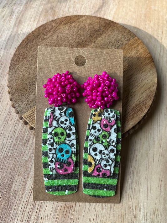 Magenta Skull & Stripe Dangle Earrings