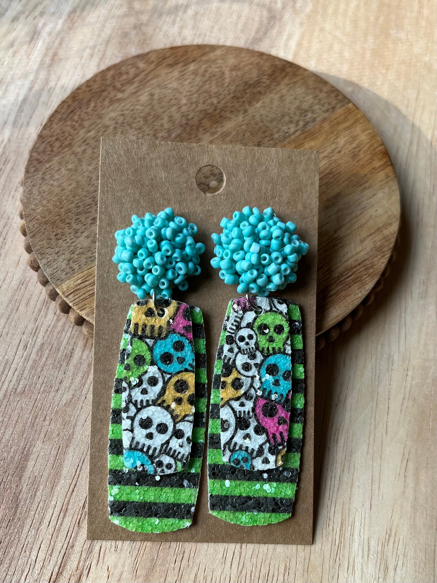 Light Turquoise Skull & Stripe Dangle Earrings