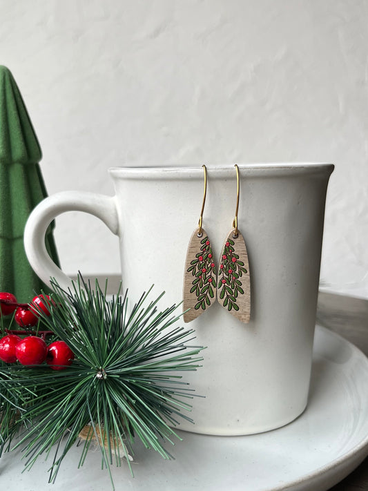 Oblong Bar Holly Berry Earrings